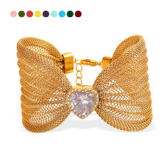 Chunky bow colorful diamond heart stainless steel women bangle bracelet