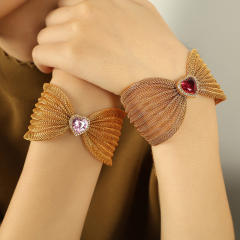 Chunky bow colorful diamond heart stainless steel women bangle bracelet