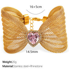 Chunky bow colorful diamond heart stainless steel women bangle bracelet