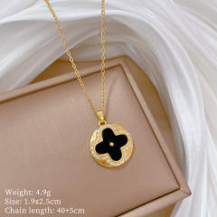 Classic dainty black clover round pendant stainless steel chain necklace set