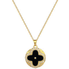 Classic dainty black clover round pendant stainless steel chain necklace set