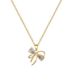Dainty diamond bow pendant stainless steel chain necklace