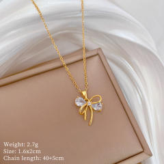 Dainty diamond bow pendant stainless steel chain necklace
