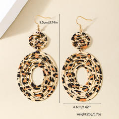 Exaggerated metal geometric leopard print round long tassel earrings