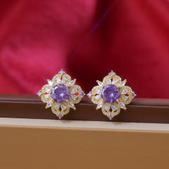 Luxury square colorful crystal diamond copper studs earrings clip on earrings