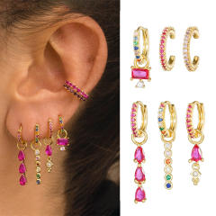 6pcs Set rose red cz pave setting gold plated copper huggie earrings ear cuff set