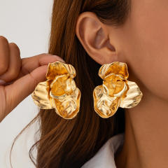 Ins Liquid Metal Irregular Pleated Flower Earrings big alloy earrings