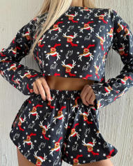 Amazon 2024 women pajamas suit Christmas reindeer printed long-sleeved top and shorts two-piece set