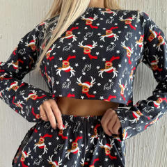 Amazon 2024 women pajamas suit Christmas reindeer printed long-sleeved top and shorts two-piece set