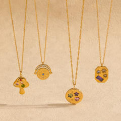 Dainty evil eye coin colorful cubic zircon geometric pendant stainelss steel necklace
