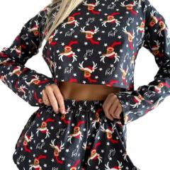 Amazon 2024 women pajamas suit Christmas reindeer printed long-sleeved top and shorts two-piece set