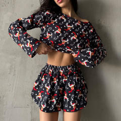 Amazon 2024 women pajamas suit Christmas reindeer printed long-sleeved top and shorts two-piece set