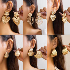 Chunky design metal peach heart earrings versatile striped star earrings