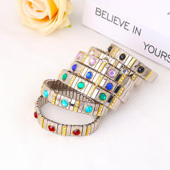 Hot sale colorful rhinestone statement stainless steel elestic bangle bracelet