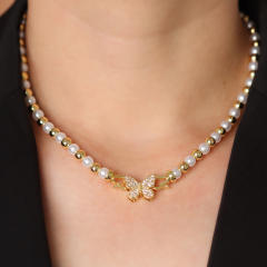 Delicate 18K gold plated copper bead diamond butterfly heart bow imitation pearl bead choker necklace