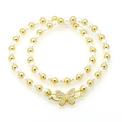 Delicate 18K gold plated copper bead diamond butterfly heart bow imitation pearl bead choker necklace