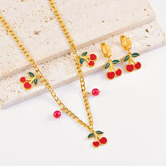 Sweet enamel Cherry charm cuban link chain stainless steel necklace Earrings set