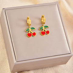 Sweet enamel Cherry charm cuban link chain stainless steel necklace Earrings set