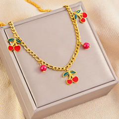 Sweet enamel Cherry charm cuban link chain stainless steel necklace Earrings set