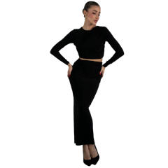 2024 Autumn Winter Women's New Collage Pleated Long Sleeve Top Solid Color All-match Elegant Long Dress suit