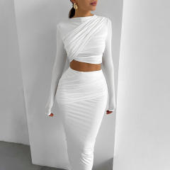 2024 Autumn Winter Women's New Collage Pleated Long Sleeve Top Solid Color All-match Elegant Long Dress suit
