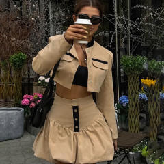 Personalized High Waist Solid Color Fashion Casual suit long sleeve crop tops skirt suit