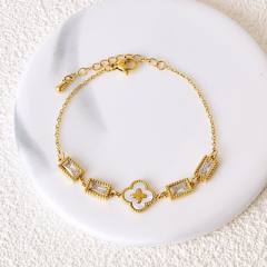 Delicate five petal flower clover cubic zircon emerald stainless steel bracelet