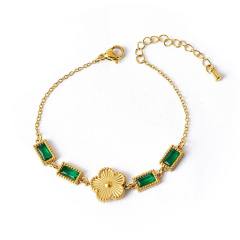 Delicate five petal flower clover cubic zircon emerald stainless steel bracelet
