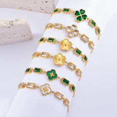 Delicate five petal flower clover cubic zircon emerald stainless steel bracelet