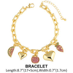 Sweet full diamond watermelon heart charm gold plated copper necklace bracelet set