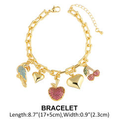 Sweet gold plated copper heart chain diamond fruit charm necklace bracelet set