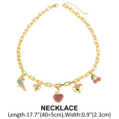 Sweet gold plated copper heart chain diamond fruit charm necklace bracelet set