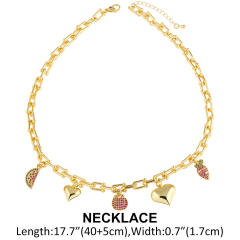 Sweet full diamond watermelon heart charm gold plated copper necklace bracelet set