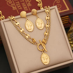 personality pig nose double chain beauty head pendant stainless steel necklace set