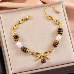 Vintage brown natural stone sweet bow charm stainless steel bracelet