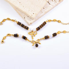 Vintage brown natural stone sweet bow charm stainless steel bracelet