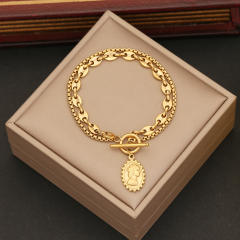 personality pig nose double chain beauty head pendant stainless steel necklace set