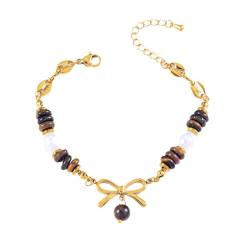 Vintage brown natural stone sweet bow charm stainless steel bracelet