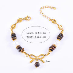 Vintage brown natural stone sweet bow charm stainless steel bracelet