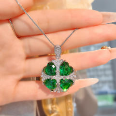 Luxury Heart-shaped Four-leaf Clover Pendant Necklace Flower Ring Emerald Diamond Earrings set