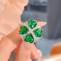 Luxury Heart-shaped Four-leaf Clover Pendant Necklace Flower Ring Emerald Diamond Earrings set