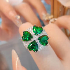 Luxury Heart-shaped Four-leaf Clover Pendant Necklace Flower Ring Emerald Diamond Earrings set