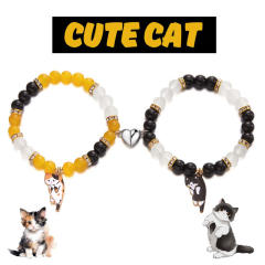 Sweet enamel cart charm beaded bracelet cute two kitten pendant love magnetic couple bracelet