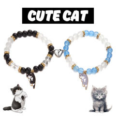 Sweet enamel cart charm beaded bracelet cute two kitten pendant love magnetic couple bracelet