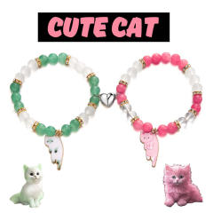 Sweet enamel cart charm beaded bracelet cute two kitten pendant love magnetic couple bracelet