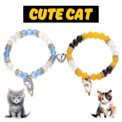 Sweet enamel cart charm beaded bracelet cute two kitten pendant love magnetic couple bracelet