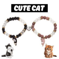 Sweet enamel cart charm beaded bracelet cute two kitten pendant love magnetic couple bracelet