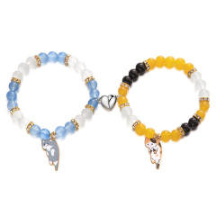 Sweet enamel cart charm beaded bracelet cute two kitten pendant love magnetic couple bracelet