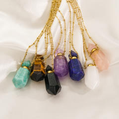 High-grade hexagonal column natural stone perfume bottle necklace stainless steel NECKLACE