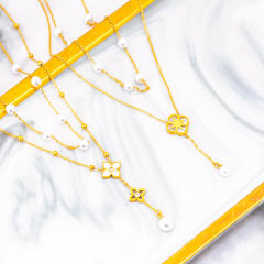 Elegant pearl bead classic white shell flower heart two layer stainless steel necklace